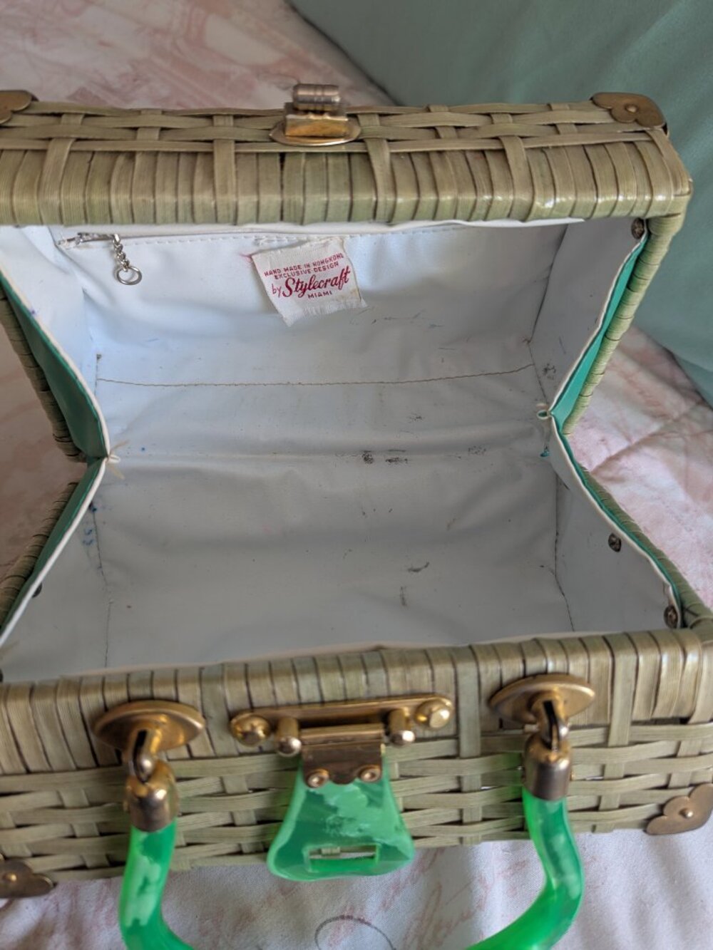 Vintage Stylecraft Box Purse Lucite latch And Handle 1950's-60's Moss Green - Picture 11 of 11